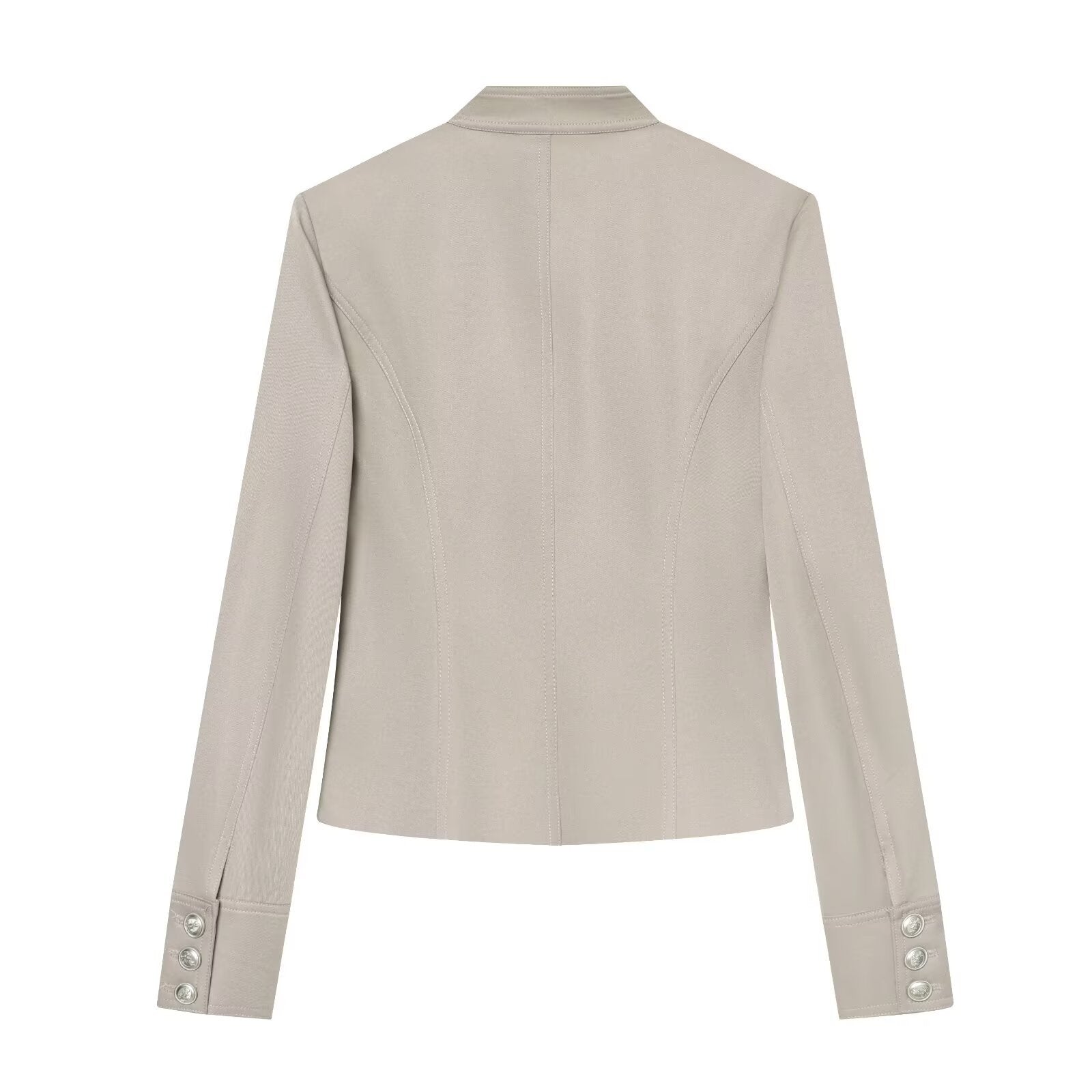 Women Military-Inspired Short Jacket with Stand-Up Collar, Decorative Button Placket and Zipper Chichicherry