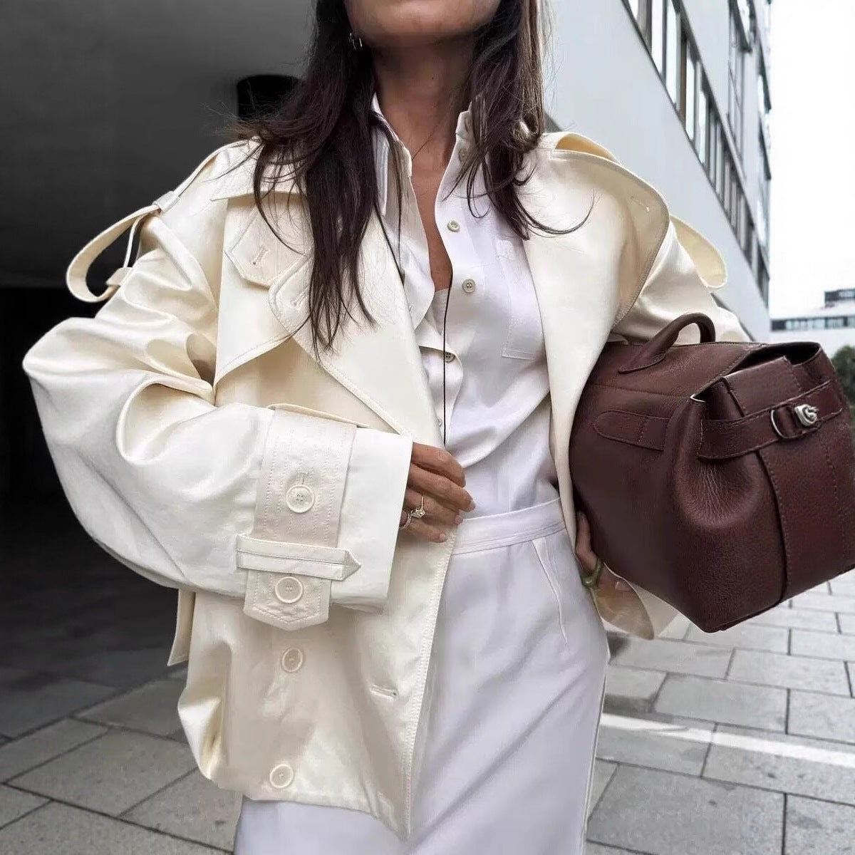Women Short Boxy Double-breasted Trench with Drawstring and Decorative Shoulder Straps Chichicherry