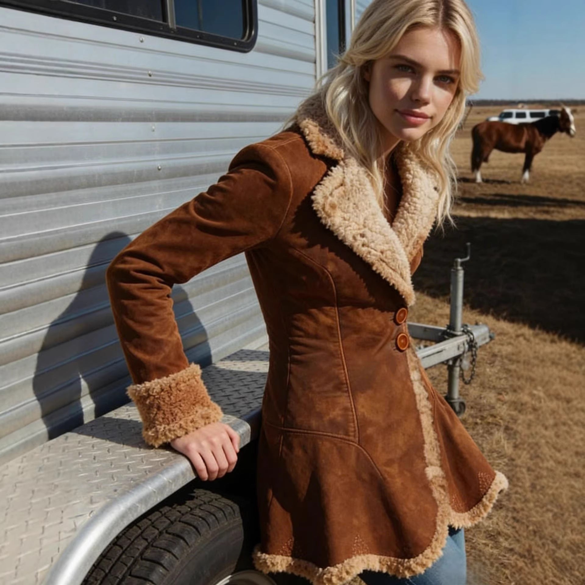 Women's Tailored Suede Coat with Lambskin-Look Lining and Flared Peplum Chichicherry