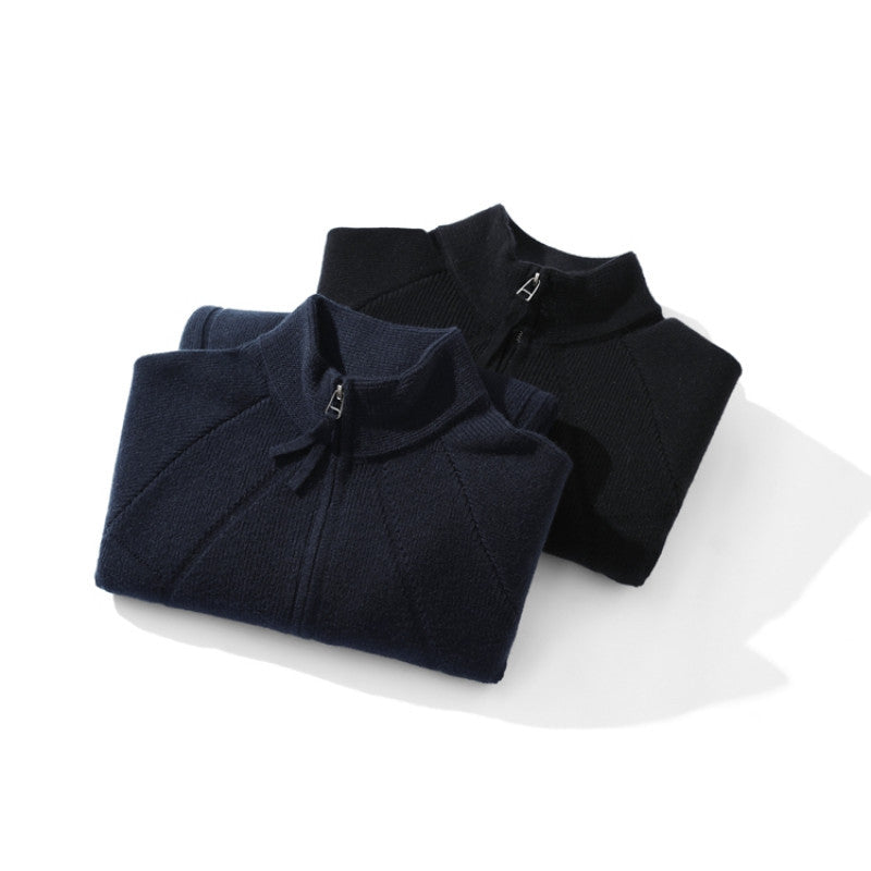 Unisex Coarse Knit Zip Cardigan with Stand-up Collar and Two-way Zipper Chichicherry