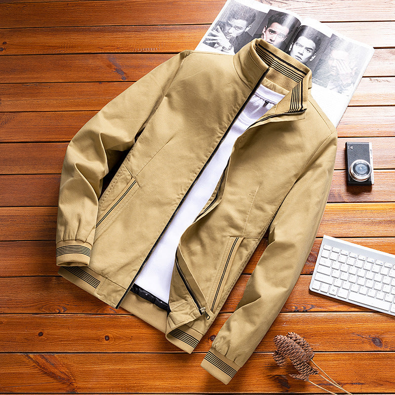 Men's Lightweight Canvas Transition Jacket in Bomber Style with Striped Ribbed Collar and Concealed Zipper Chichicherry