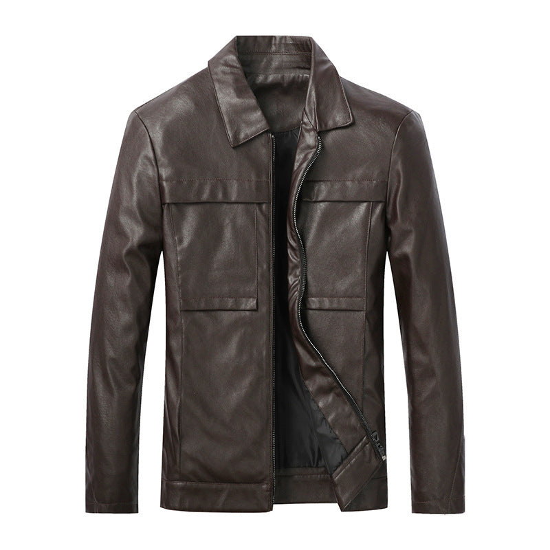 Men's Slim-Fit Leather Look Trucker Jacket with Shirt Collar, Concealed Zipper and Flap Pockets Chichicherry