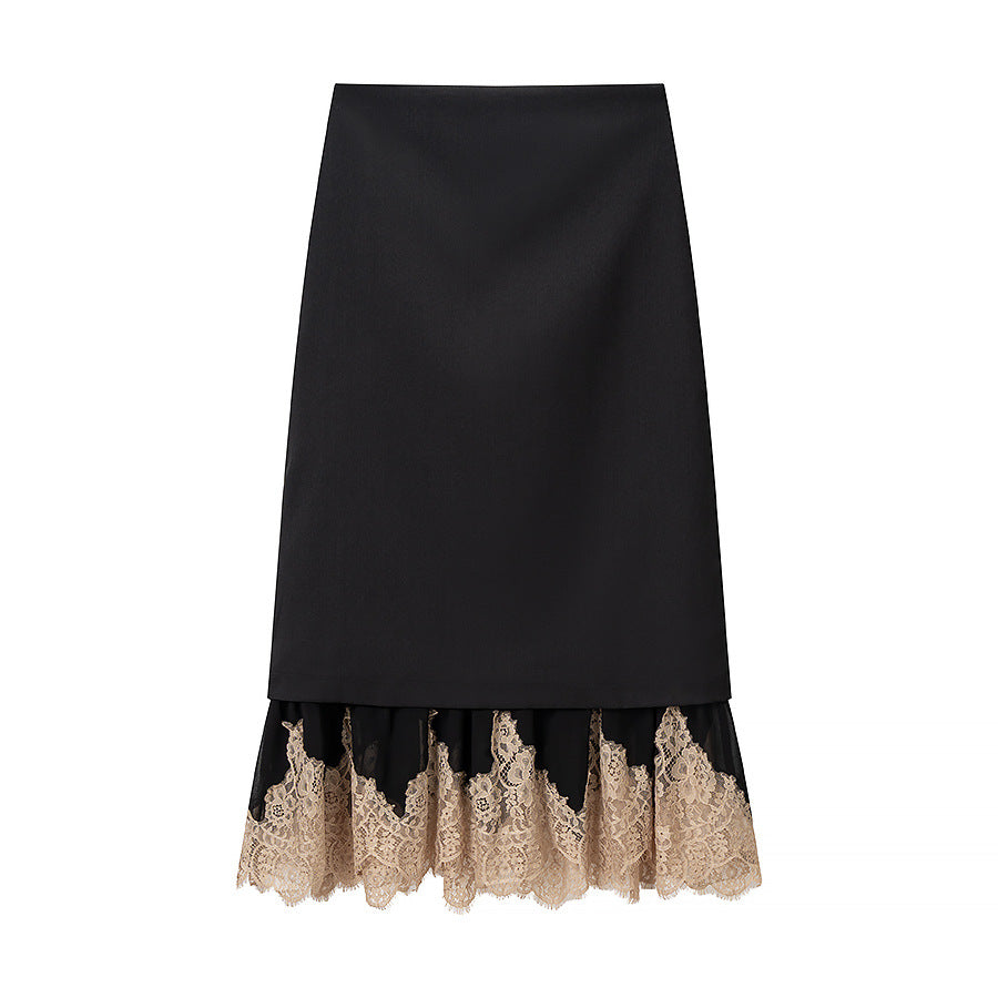 Ladies Two-Layer Midi Skirt with Lace Trim and Straight Overlay Chichicherry