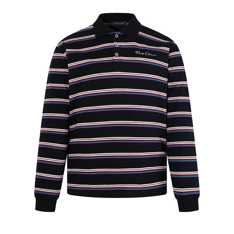 Men's Long Sleeve Polo Shirt with Retro Stripes, Ribbed Cuffs and Button Placket Chichicherry