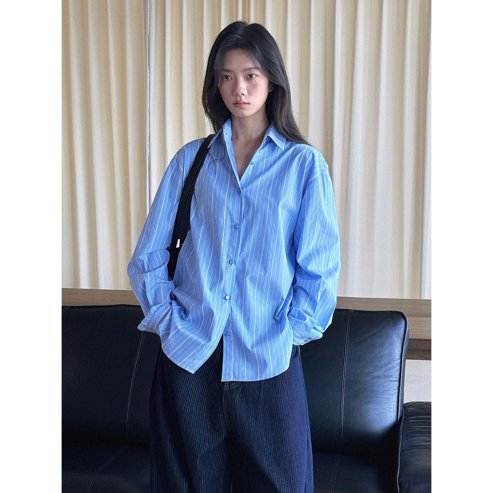 Women's Oversized Shirt Blouse made of Cotton Poplin with Fine Stripes Chichicherry