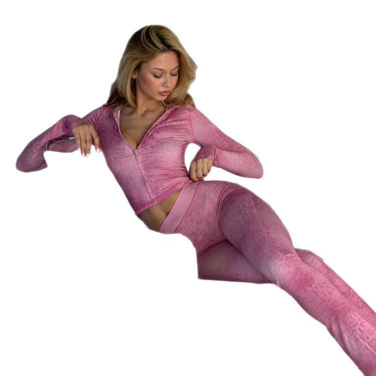 Women's Figure-hugging Lounge Set with Cropped Zip Hoodie and High-Waist Leggings Chichicherry