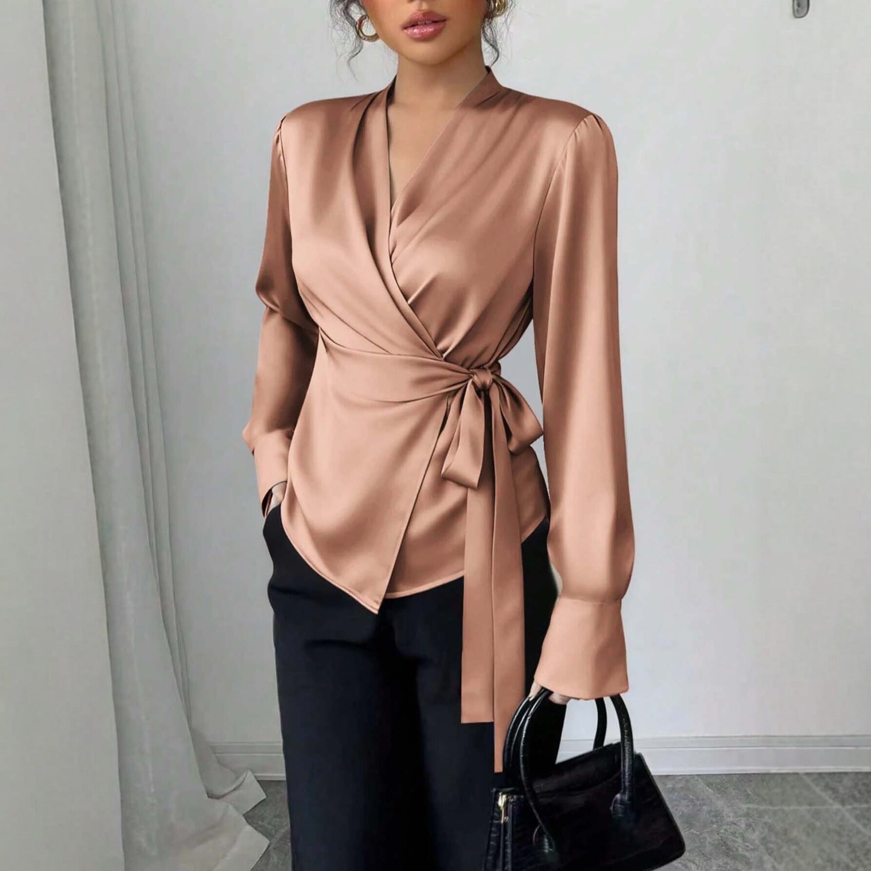 Damen Satin-Wickelbluse mit V-Ausschnitt, Taillengürtel und schmalem Manschettenärmel Chichicherry