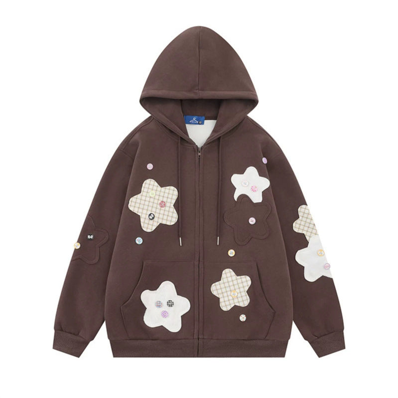 Women Oversize Zip Hoodie with Floral Star Appliqués and Button Details Chichicherry