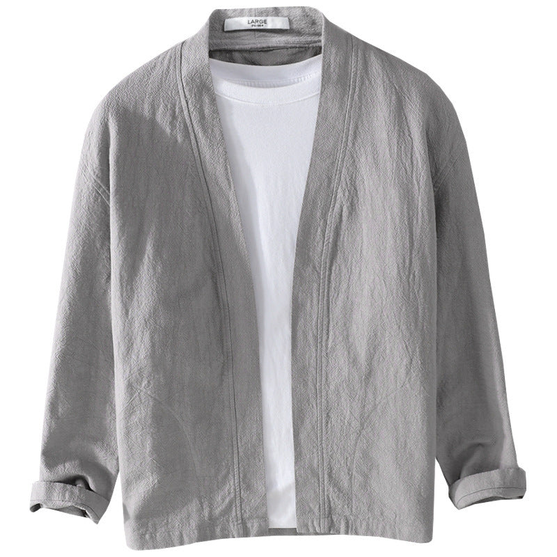 Men's Open Linen Overjacket with Kimono Collar and Relaxed Fit Chichicherry