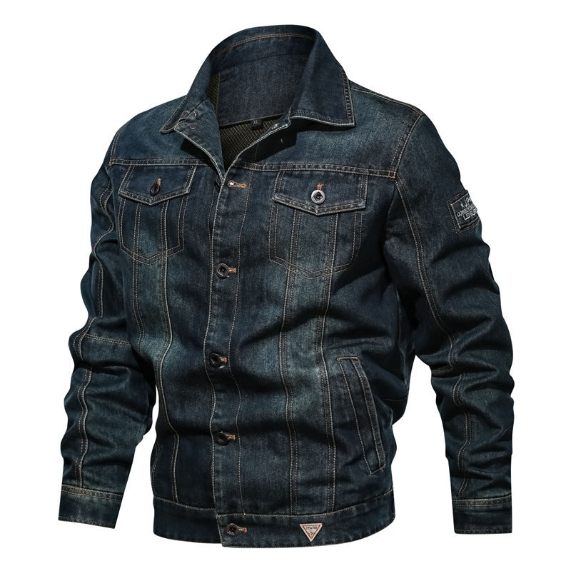 Men's Robust Denim Trucker Jacket in Vintage Washed Look with Contrast Stitching Chichicherry