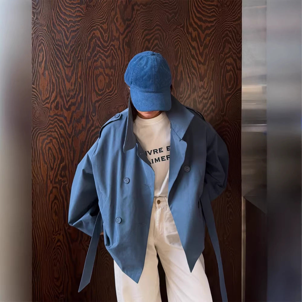 Women's Oversize Cropped Trench Coat with Wide Lapels and Tie Belt Chichicherry