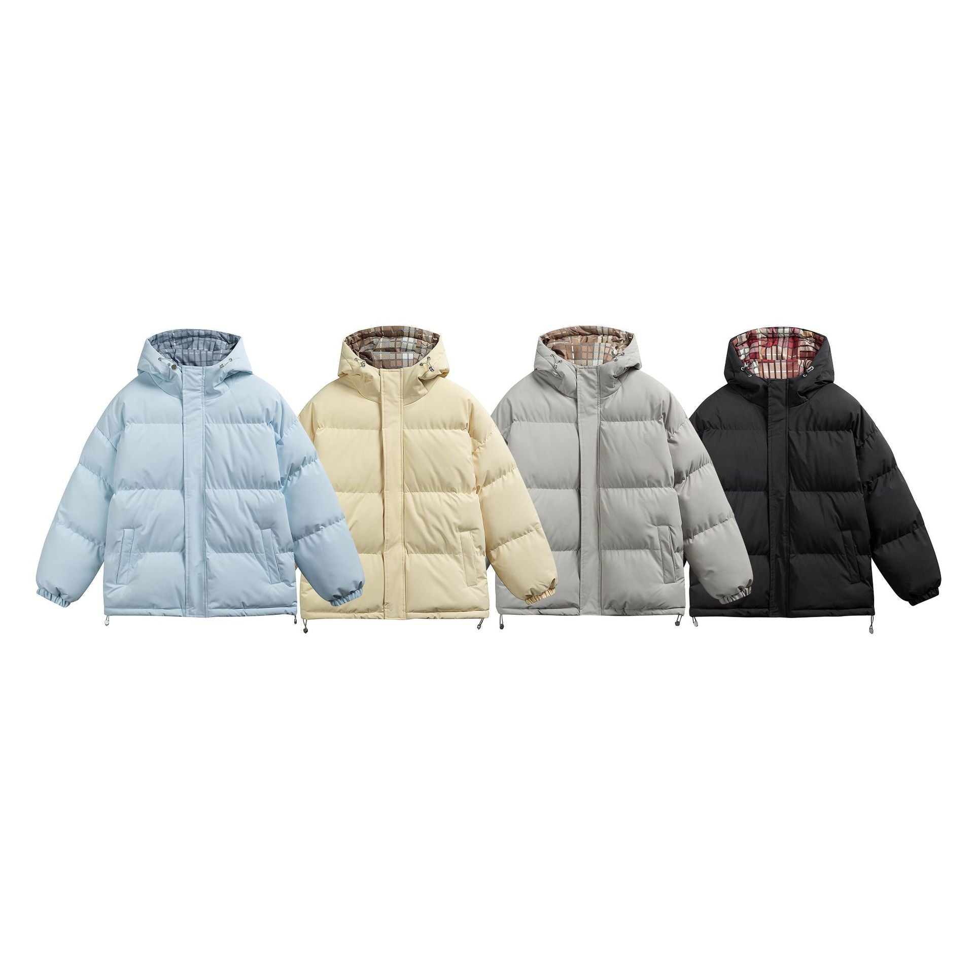 Women Padded Oversize Quilted Jacket with Hood, High Collar and Checked Lining Chichicherry