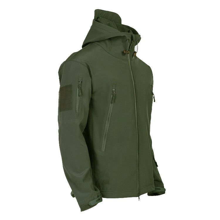 Men's tactical softshell field jacket with hood, multifunction pockets and Velcro patch area Chichicherry