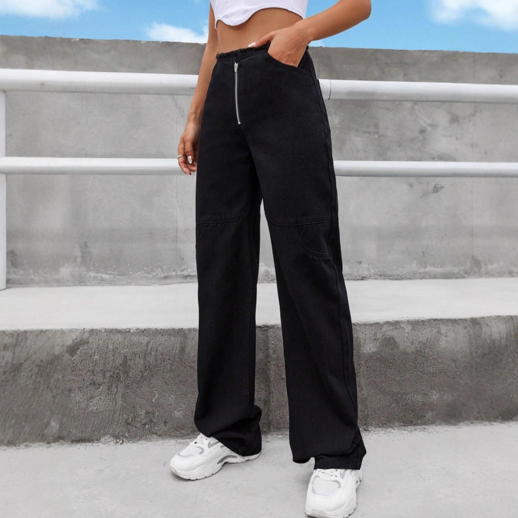 Women's High-Waisted Wide-Leg Jeans with Visible Front Zip, Knee Darts and Raw Hem Chichicherry