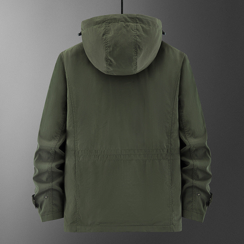 Men's Technical Field Jacket with Hood, Multi-Functional Pockets and Breathable Mesh Lining Chichicherry