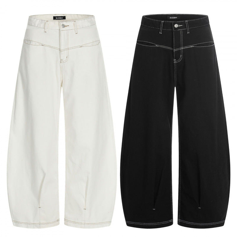 Women Wide Cropped Balloon Jeans with High Waist and Visible Contrast Stitching Chichicherry