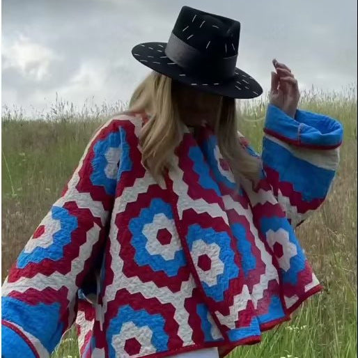 Women's Quilted Jacket in Patchwork Design with Boxy Oversized Silhouette Chichicherry