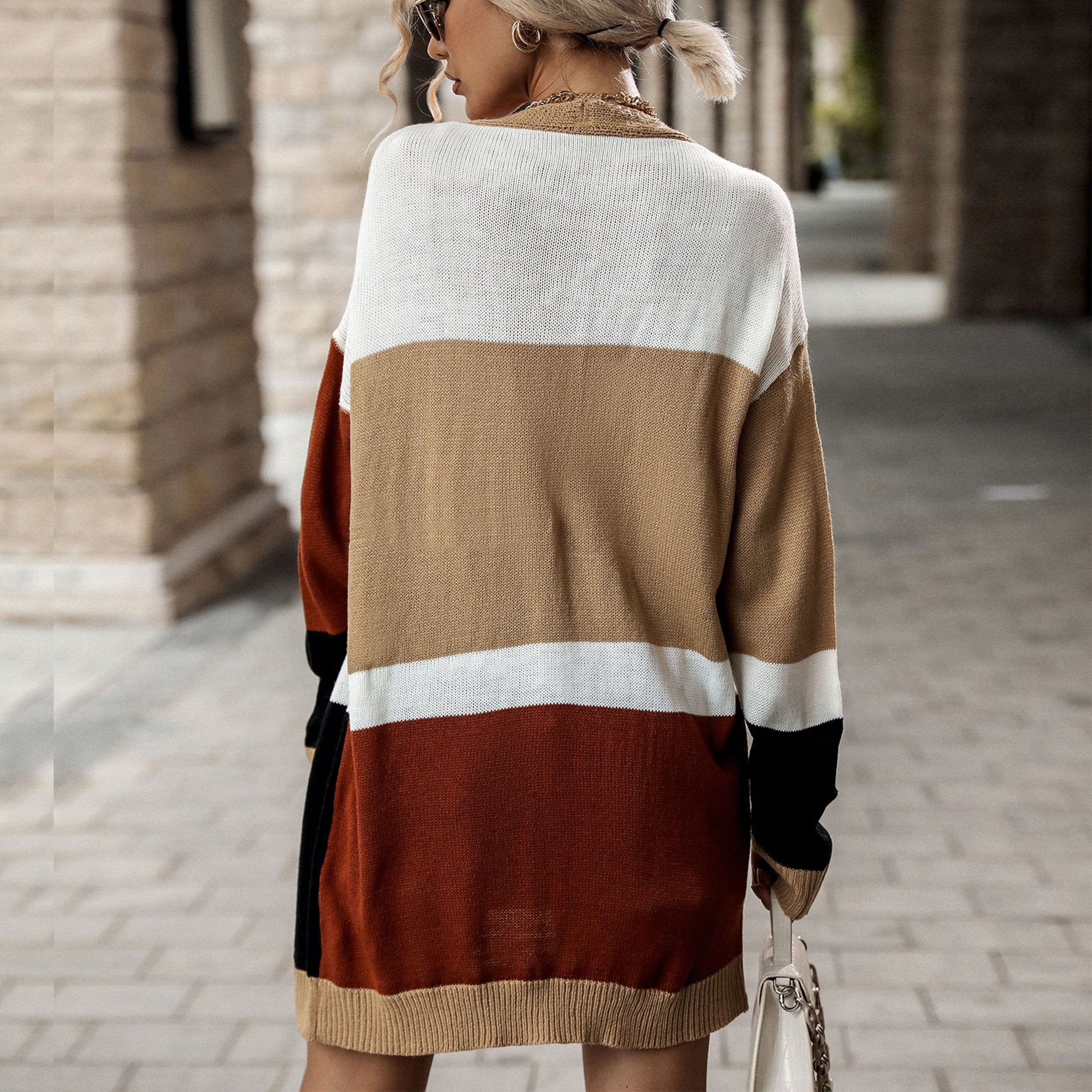 Women's Oversized Knit Cardigan with Color Block, Button Placket & Long Silhouette Chichicherry