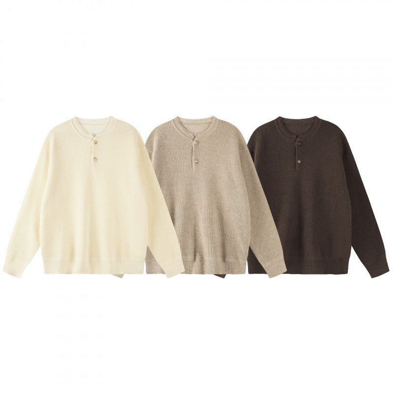 Unisex Boxy knit sweater with Henley neckline and textured waffle knit look Chichicherry