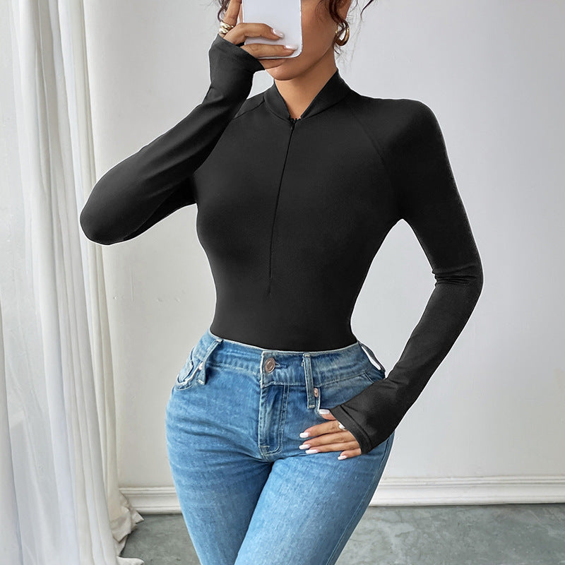 Women Tailored Long Sleeve Shirt with Short Zipper and Stand-Up Collar Chichicherry