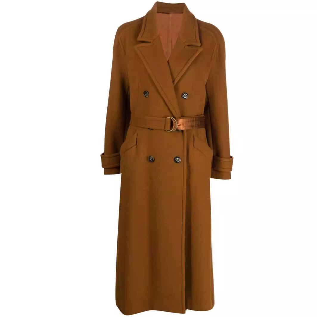 Women Maxilength Double-breasted Wool Blend Coat with Satin Ribbon Waist Belt and Rolled-up Sleeves Chichicherry