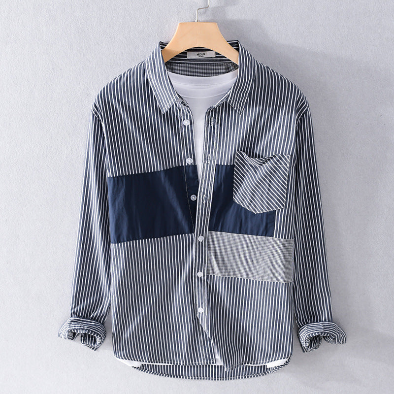 Men's Striped Overshirt with Color Block Inserts and Patch Chest Pocket Chichicherry