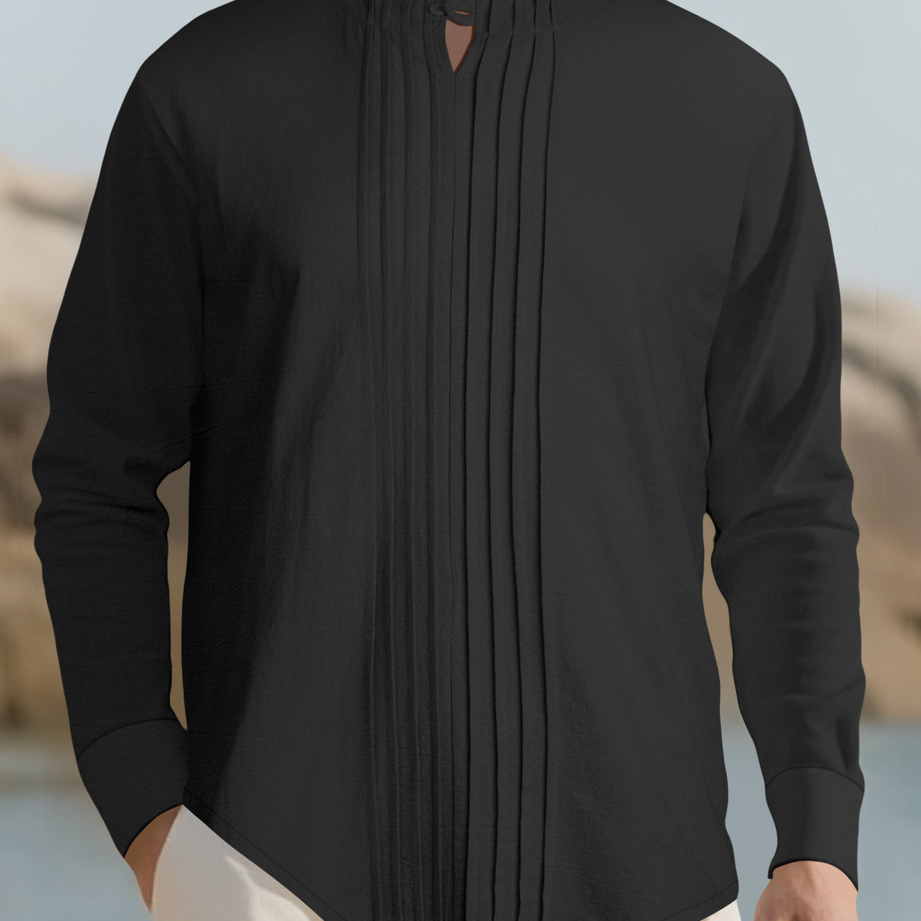 Men's Lightweight Long Sleeve Shirt in Linen Look with Stand-Up Collar, Pleats and Loop Closure Chichicherry