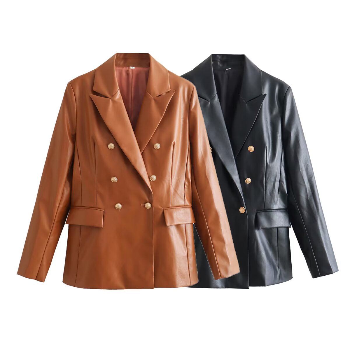 Women's Double-Breasted Faux Leather Blazer with Gold Decorative Buttons and Flap Pockets Chichicherry