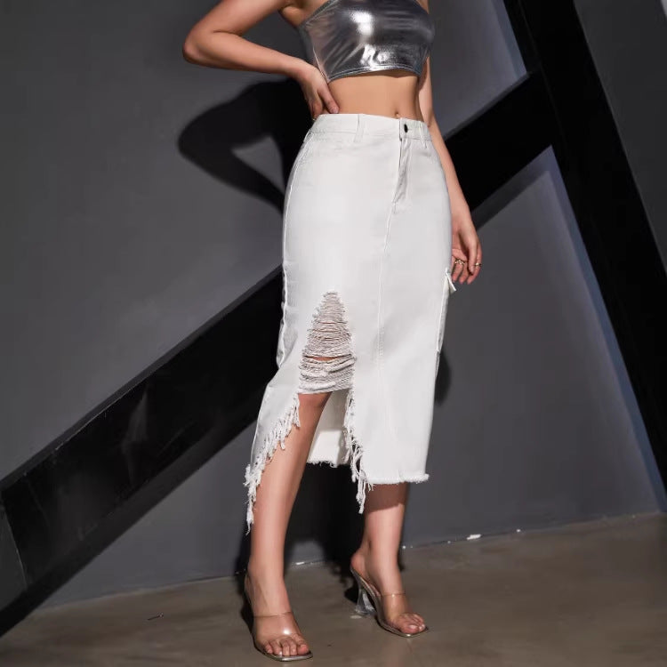 Women's asymmetrical midi denim skirt with fringe and destroy effect Chichicherry