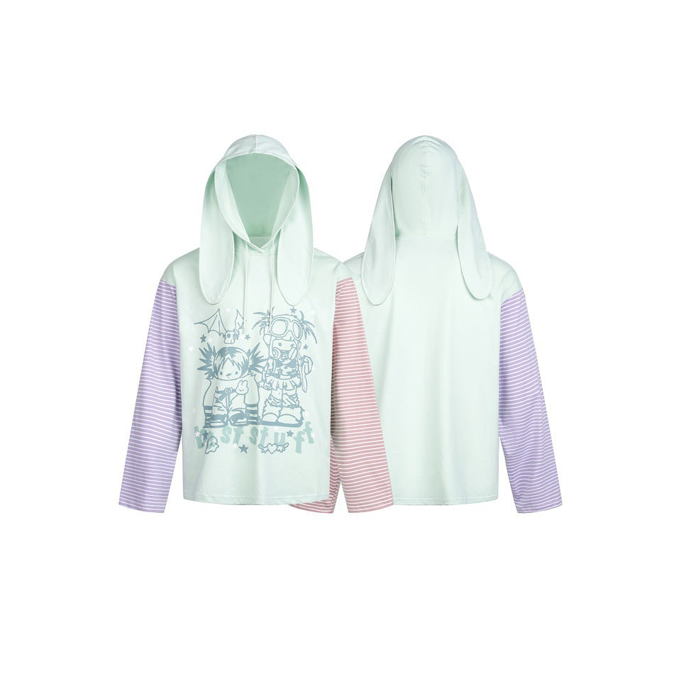 Women’s hoodie with hood and bunny ears, striped sleeves and manga print Chichicherry
