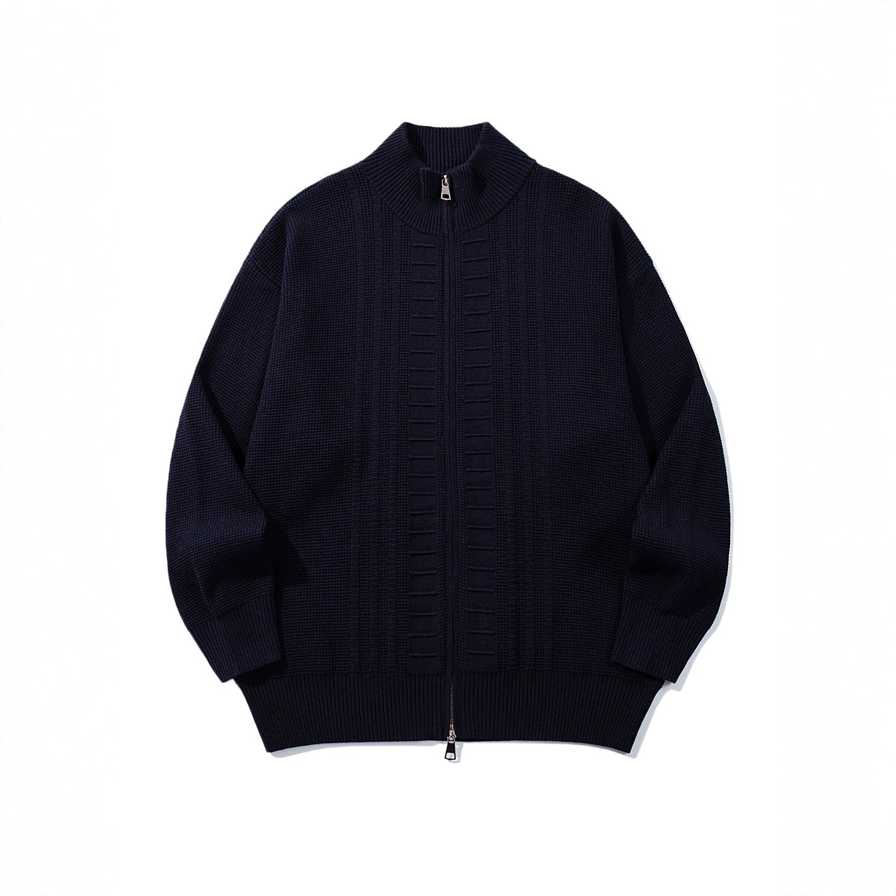 Men's chunky knit zip jacket with stand-up collar and two-way opening zipper Chichicherry