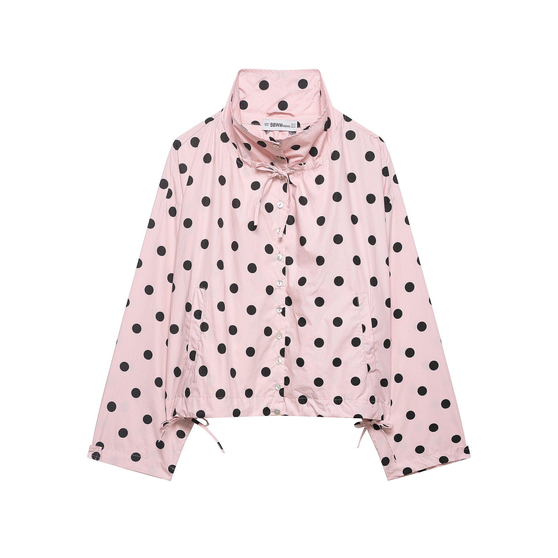 Women's lightweight blouse in polka dot design with stand-up collar, drawstring hem and button placket Chichicherry