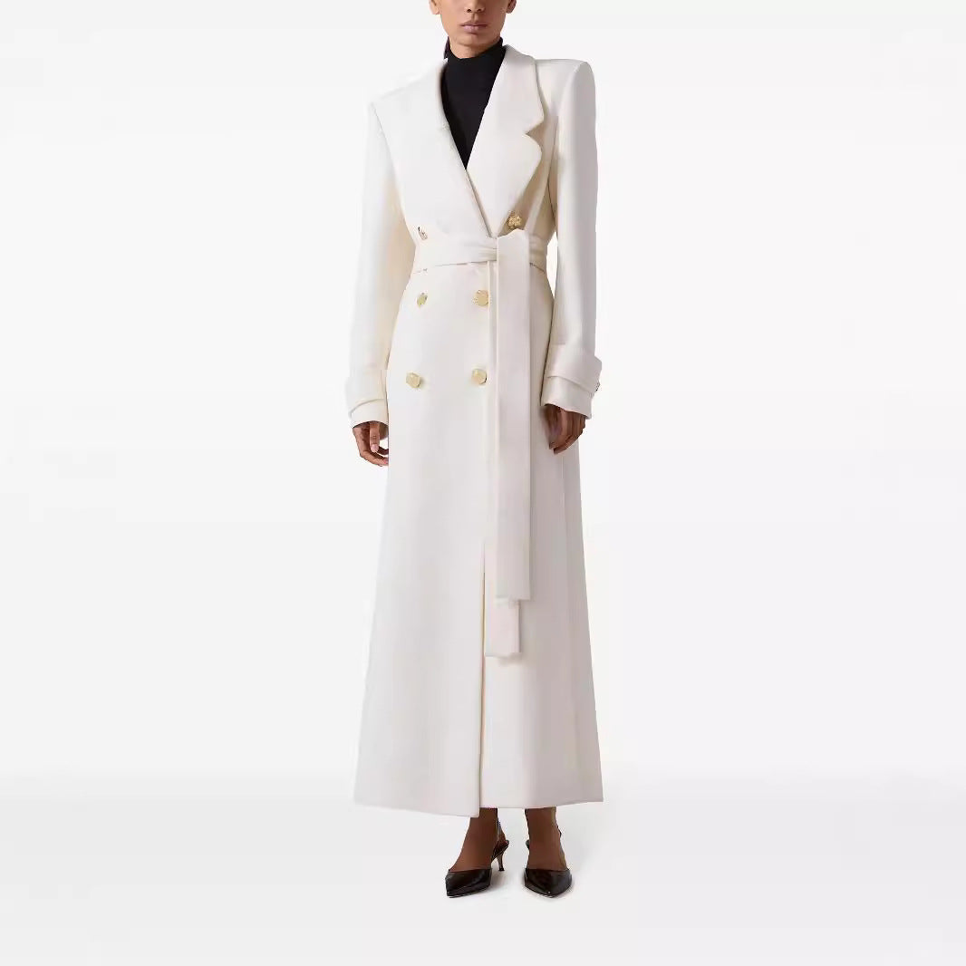 Women Long Double-Breasted Wool Coat with Waist Belt Chichicherry