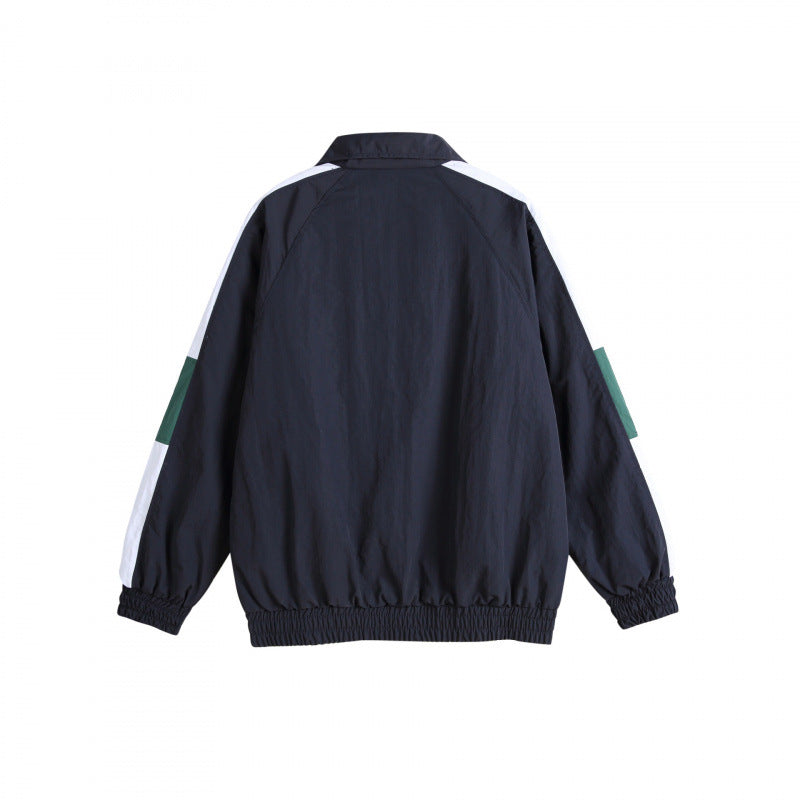 Unisex Retro Sporty Zip Training Jacket with Stand-up Collar, Colorblock Stripes and Elastic Hem Chichicherry