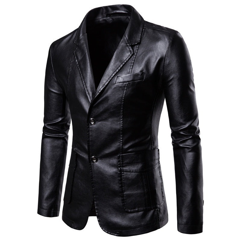 Men's Elegant Slim-Fit Faux Leather Blazer with Notched Lapel, Two-Button Placket & Flap Pockets Chichicherry