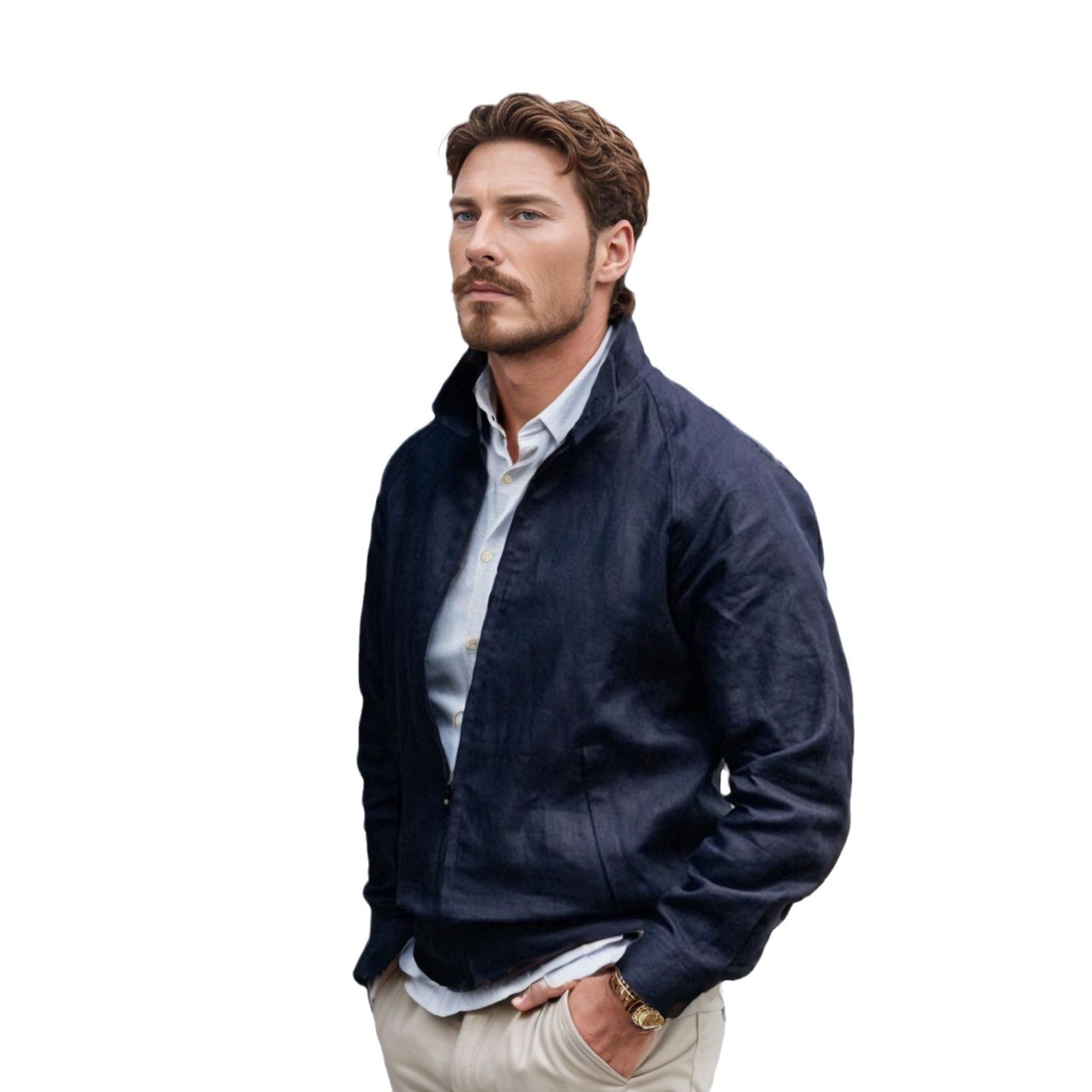 Men's Lightweight Zip Transition Jacket Made of Linen Blend with Stand-up Collar Chichicherry