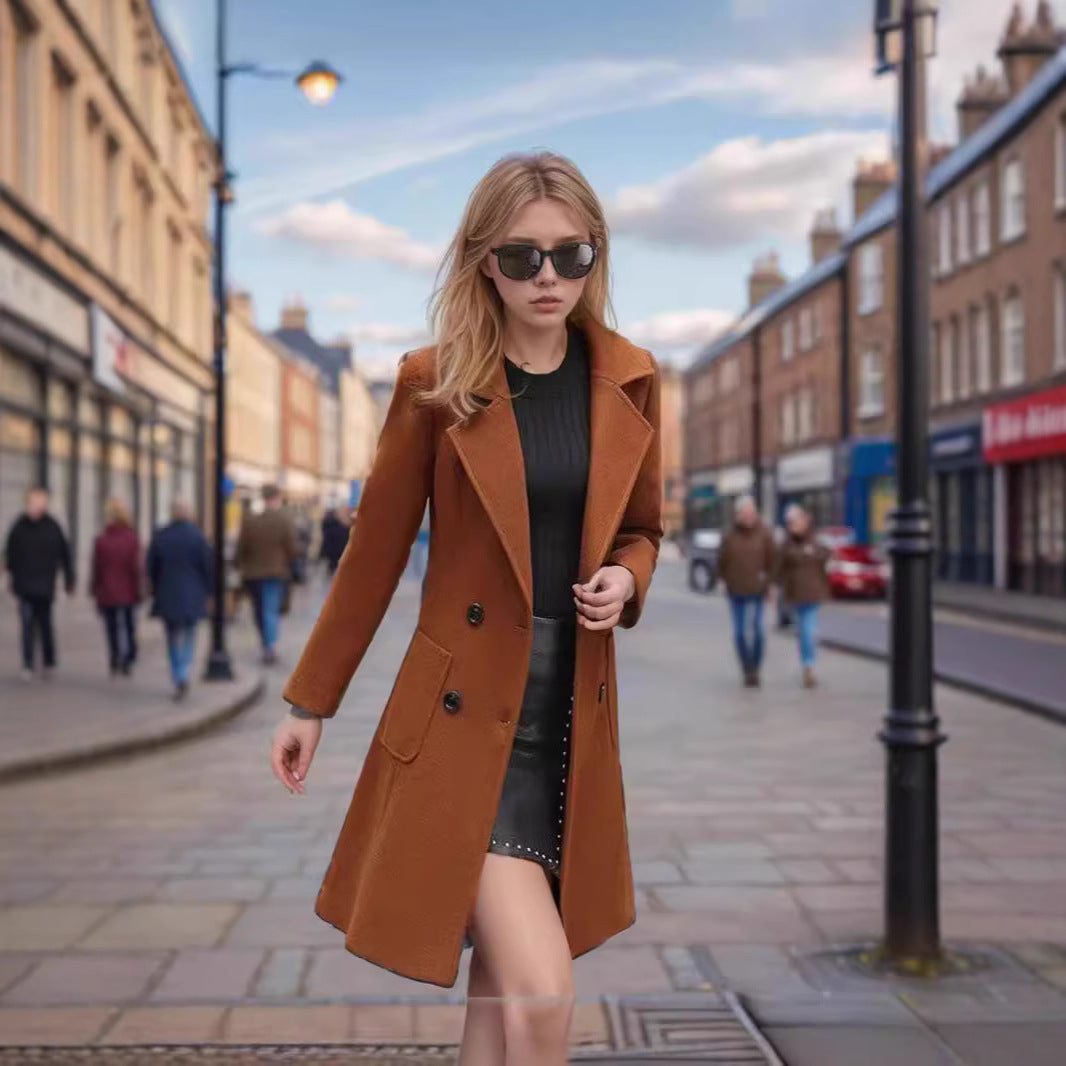 Women's Mid-Length Wool Blend Coat with Wide Lapels and Tailored Fit Chichicherry