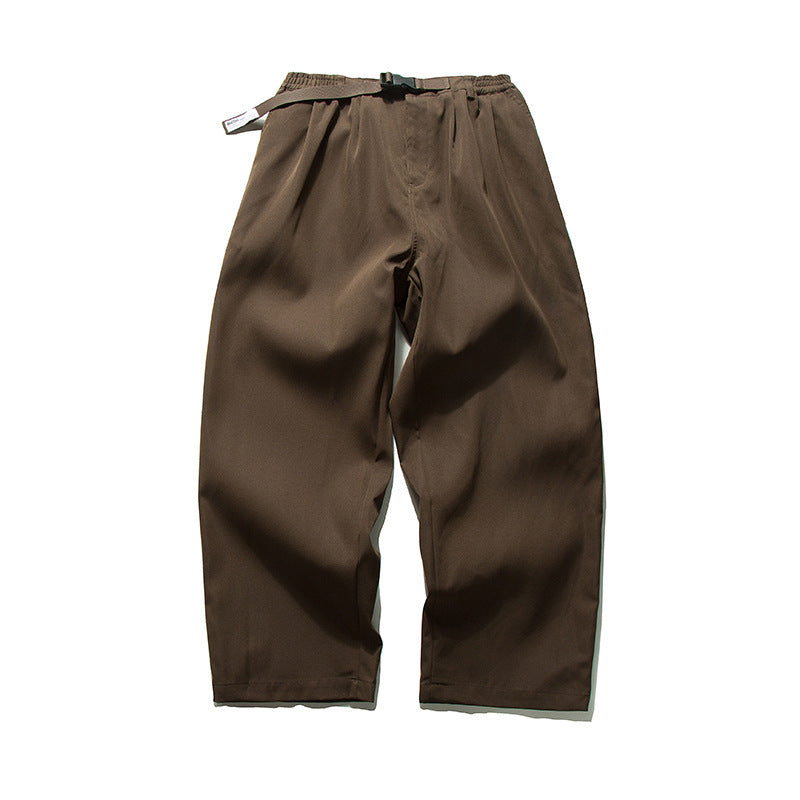 Men's Wide Cut Relaxed Pants with Elastic Waistband, Pleats and Integrated Woven Belt Chichicherry