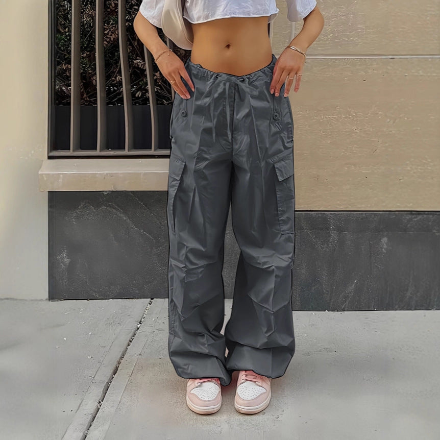 Women Wide Cargo Pants made of lightweight functional fabric with drawstring and flap pockets Chichicherry