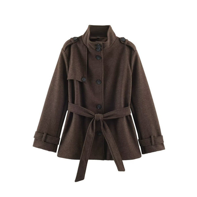 Women's short tailored coat jacket made of wool blend with standing collar, shoulder patches, and tie belt Chichicherry