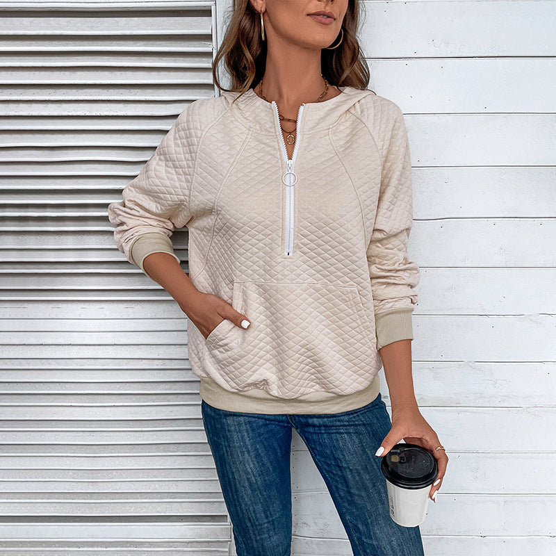 Women's quilted hoodie with half zipper, kangaroo pocket and quilted texture Chichicherry