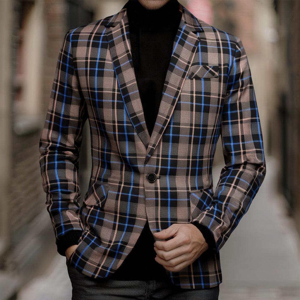 Men's Tailored Check Pattern Blazer with One Button and Shawl Collar Chichicherry