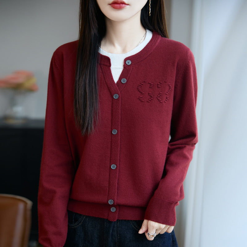 Women's Short Fine Knit Cardigan with V-Slit Collar, Ribbed Trim and Subtle Structure Logo Chichicherry