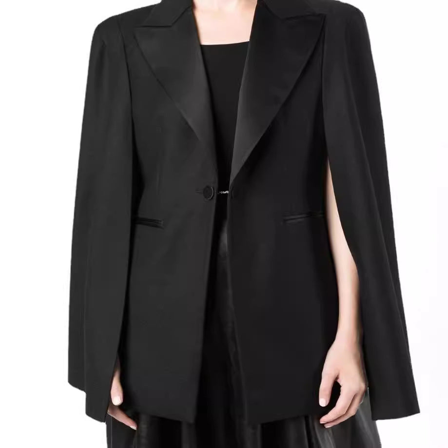 Women's Cape Blazer with Slits at the Sleeves and Satin Lapels Chichicherry