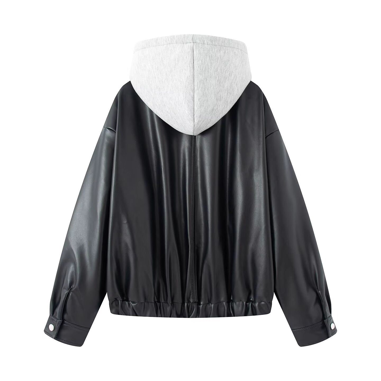 Women Oversize Faux Leather Blouson with Hood Insert and Flap Pockets Chichicherry