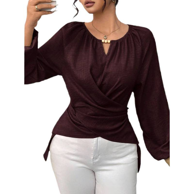 Ladies Elegant Wrap Blouse with Gathered Waist, V-Neck and Balloon Sleeves Chichicherry