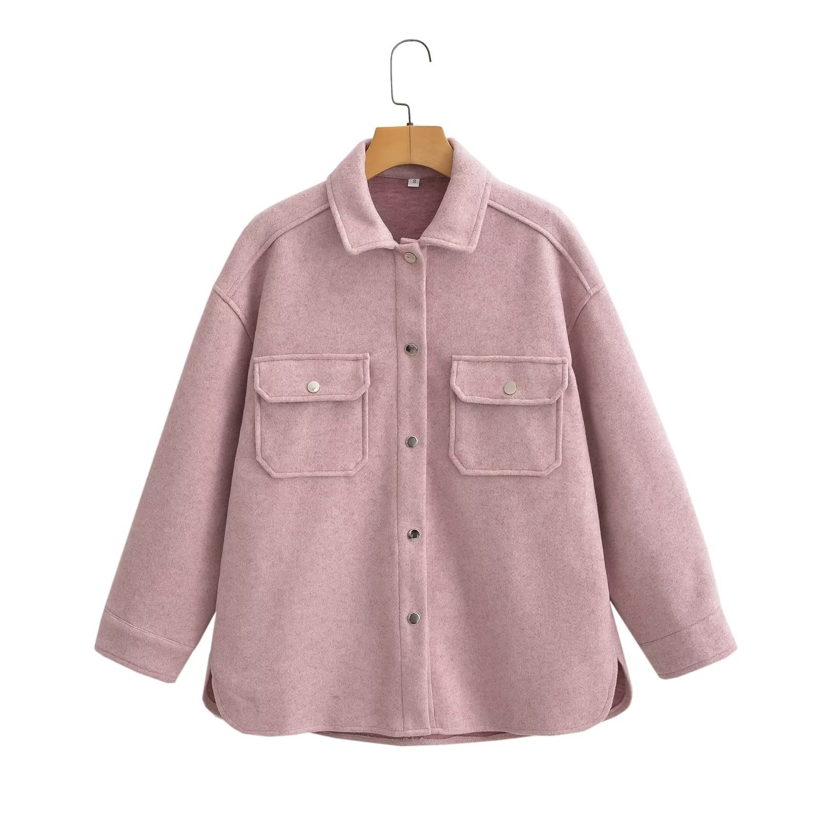 Women Oversize Wool Blend Shacket with Snap Button Front and Patch Pockets Chichicherry