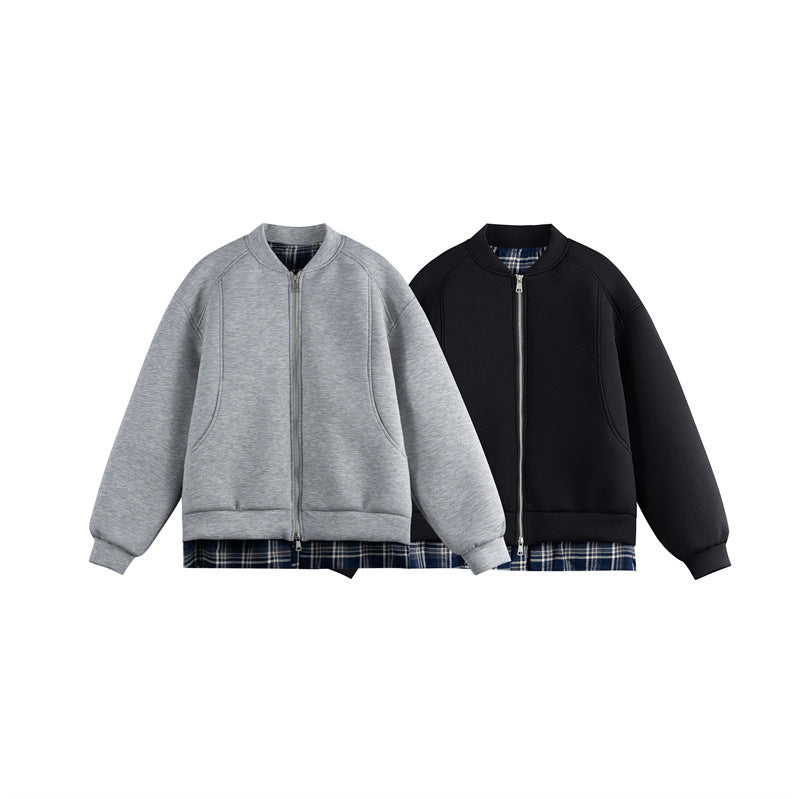 Women Two-in-One Bomber Sweat Jacket with Check Layer Insert and Stand Collar Chichicherry