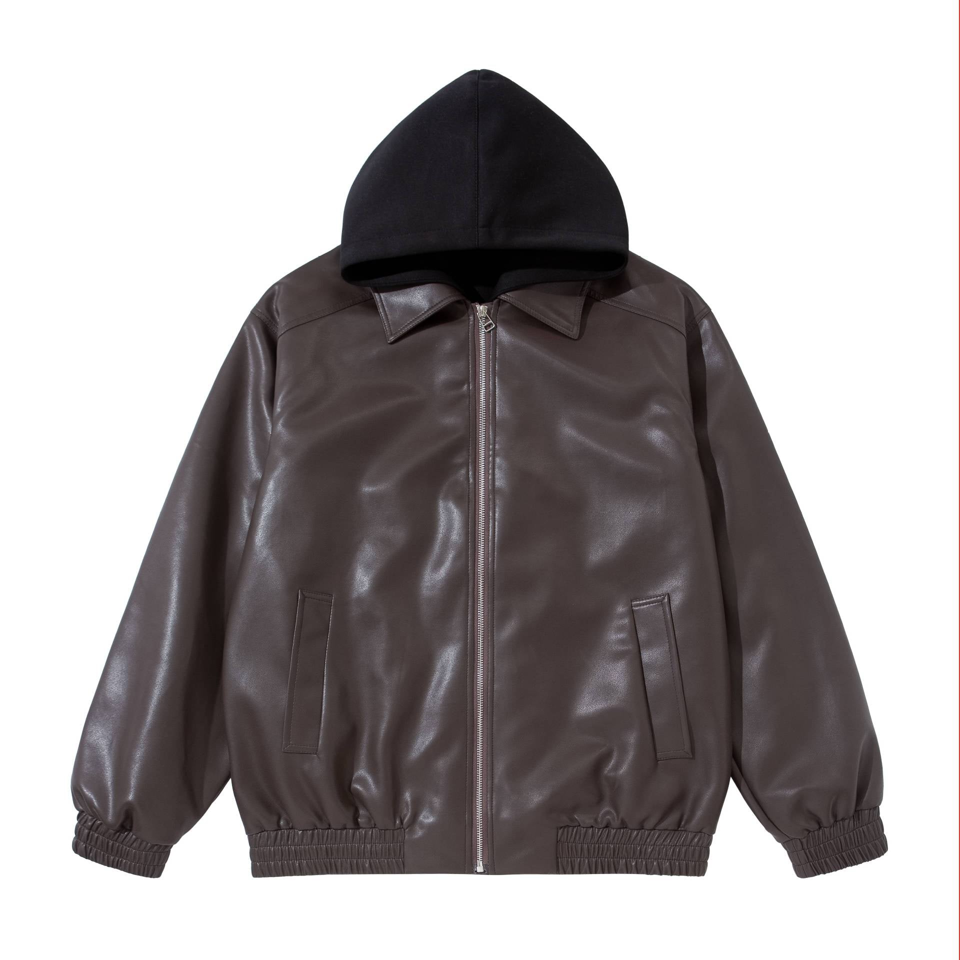 Men's Boxy Leather Blouson with Attached Jersey Hood and Ribbed Hem Chichicherry