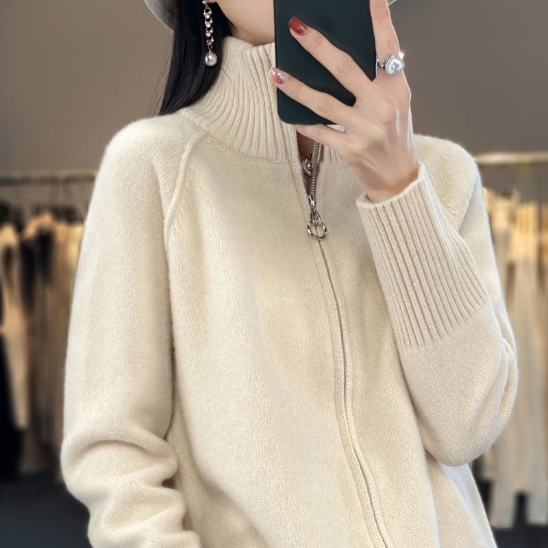 Women’s zip cardigan in cashmere look with stand-up collar and ribbed cuffs Chichicherry